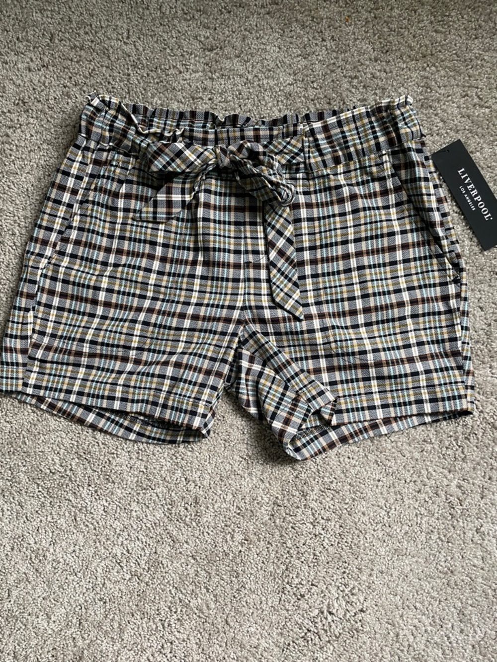 Women’s Liverpool Plaid Shorts Size Medium Black, Brown, Mustard, Lt turquoise